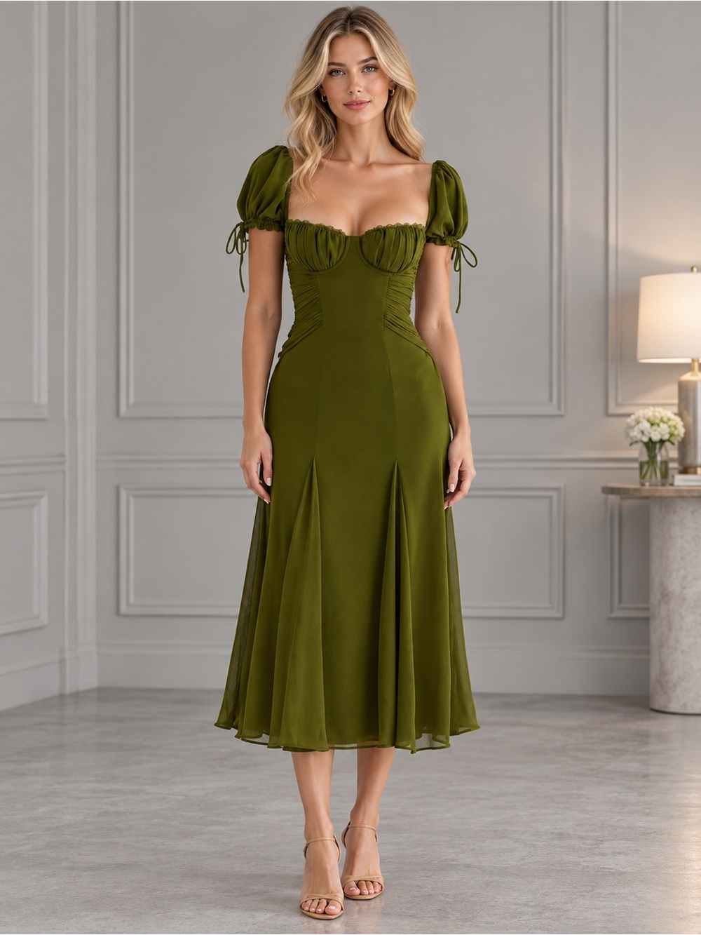 House of CB Olive Chiffon Puff Sleeve Midi Dress M